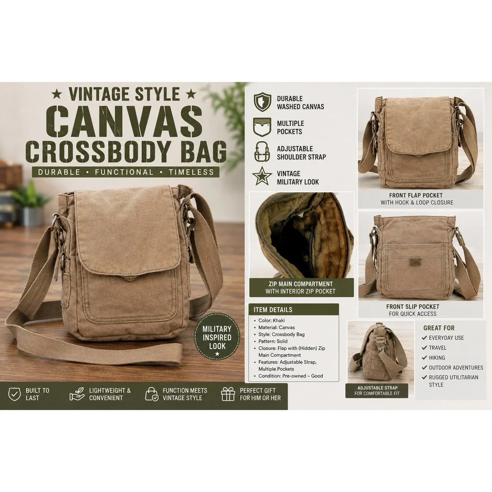 Vintage Khaki Canvas Crossbody Bag Military Utilitarian Shoulder Travel Bag